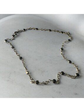 Black Stone Long Chain Necklace With Silver Links